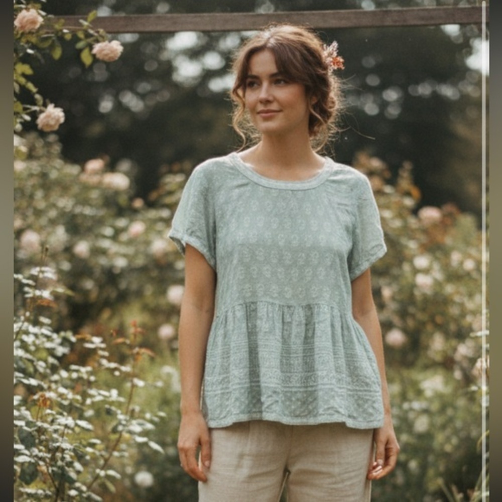 Sigrid Olsen Mint Top with white embroidered detailing